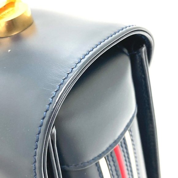 Authentic GUCCI 000.109.0121 Turn Lock sideline vintage Hand Bag Leather Navy - Picture 3 of 6